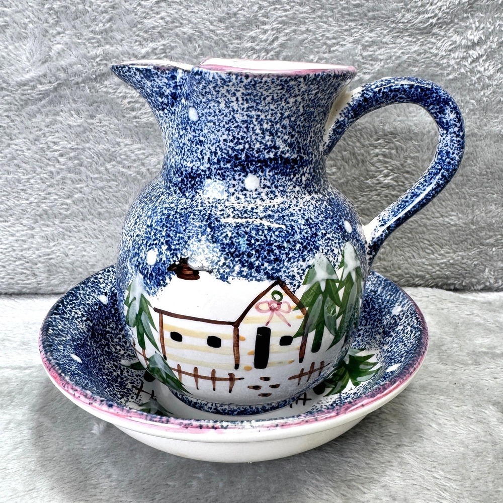 Primitive Winter Cabincore Mini Pitcher‎ Bowl Basin Set Blue Spongeware Decor